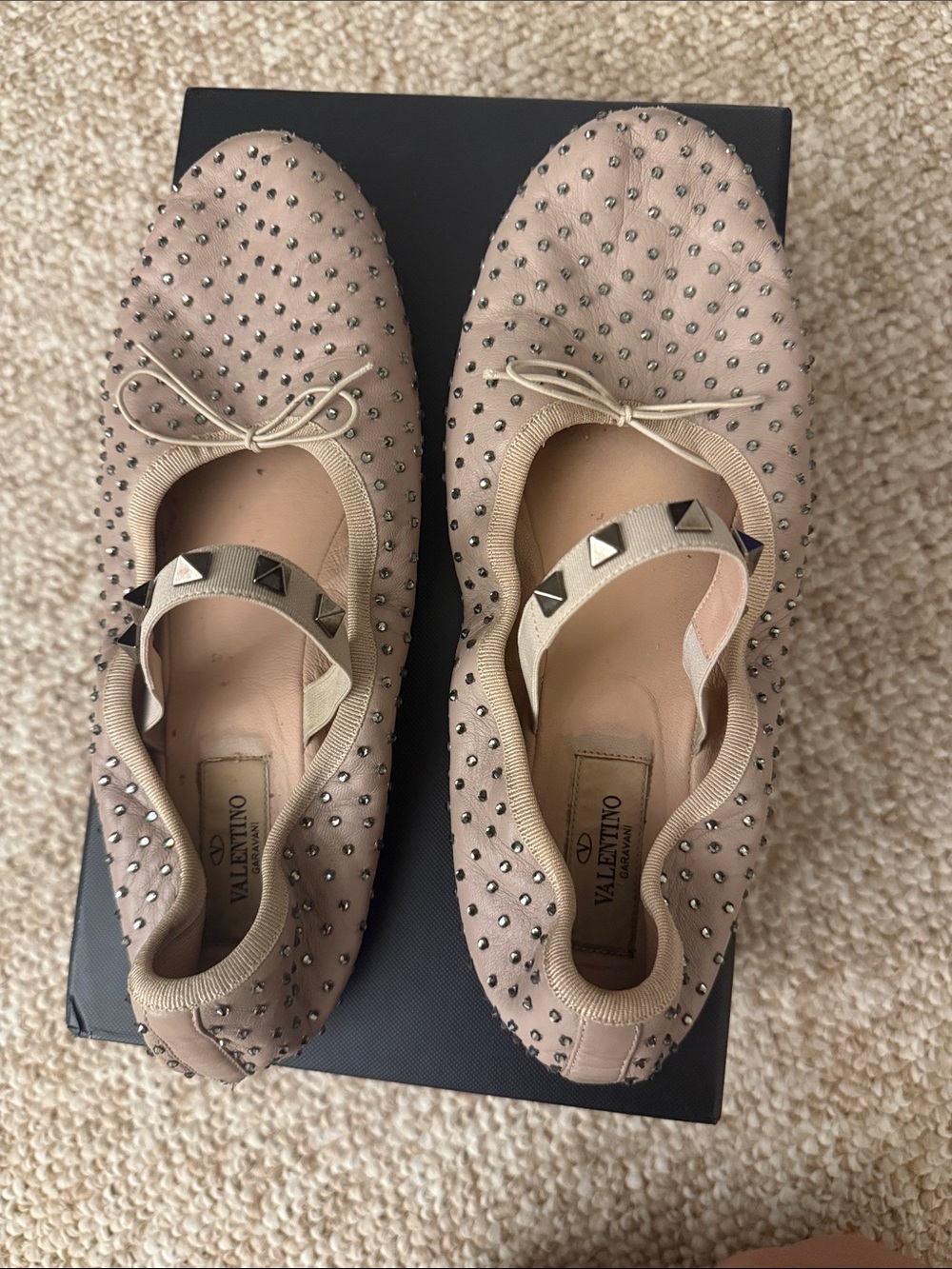 Valentino Nude Studded Ballet Flats with Bow and Rockstud Strap